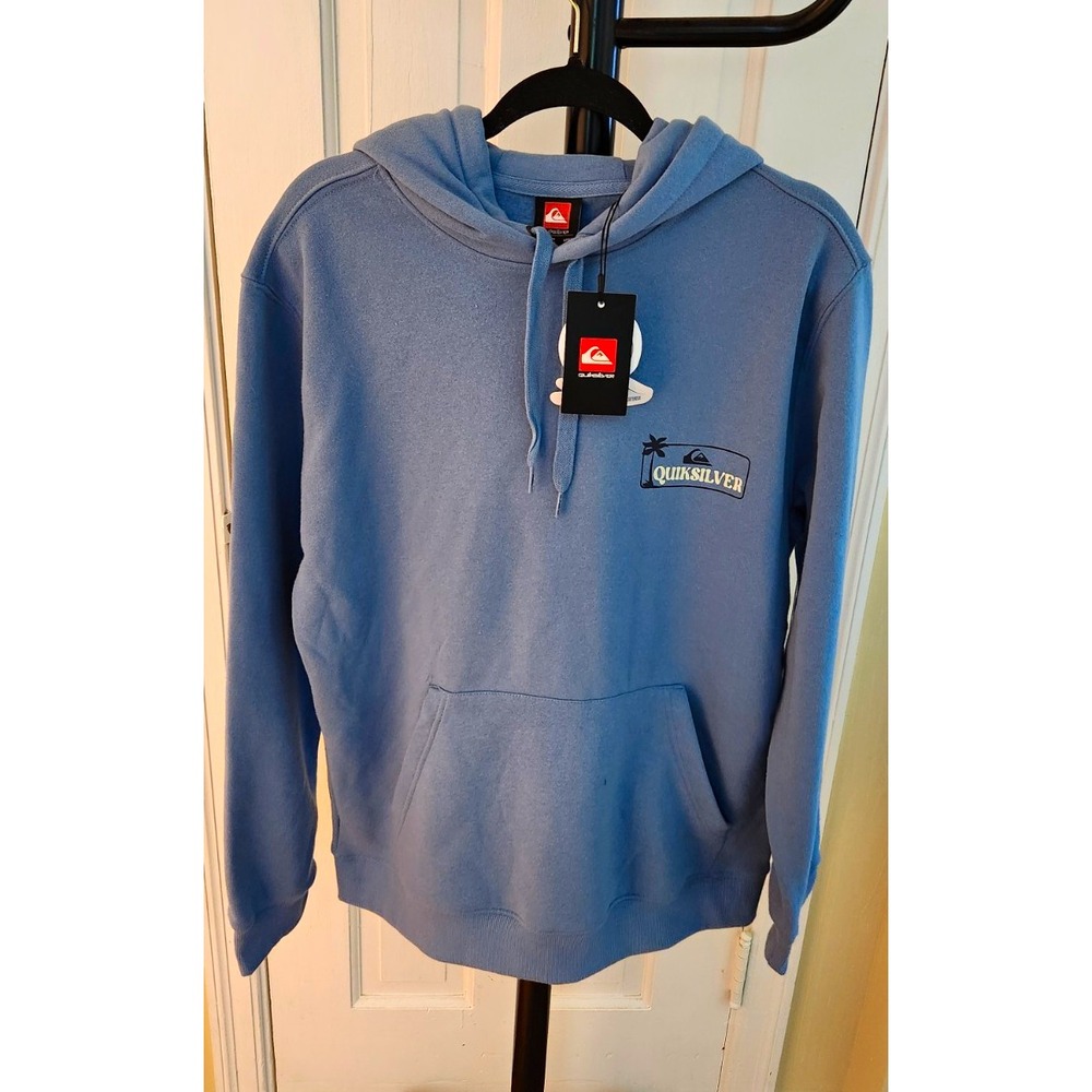 Quiksilver Men's M Blue Shadow Fleece Pullover Hoodie Graphic Logo Pockets NWT